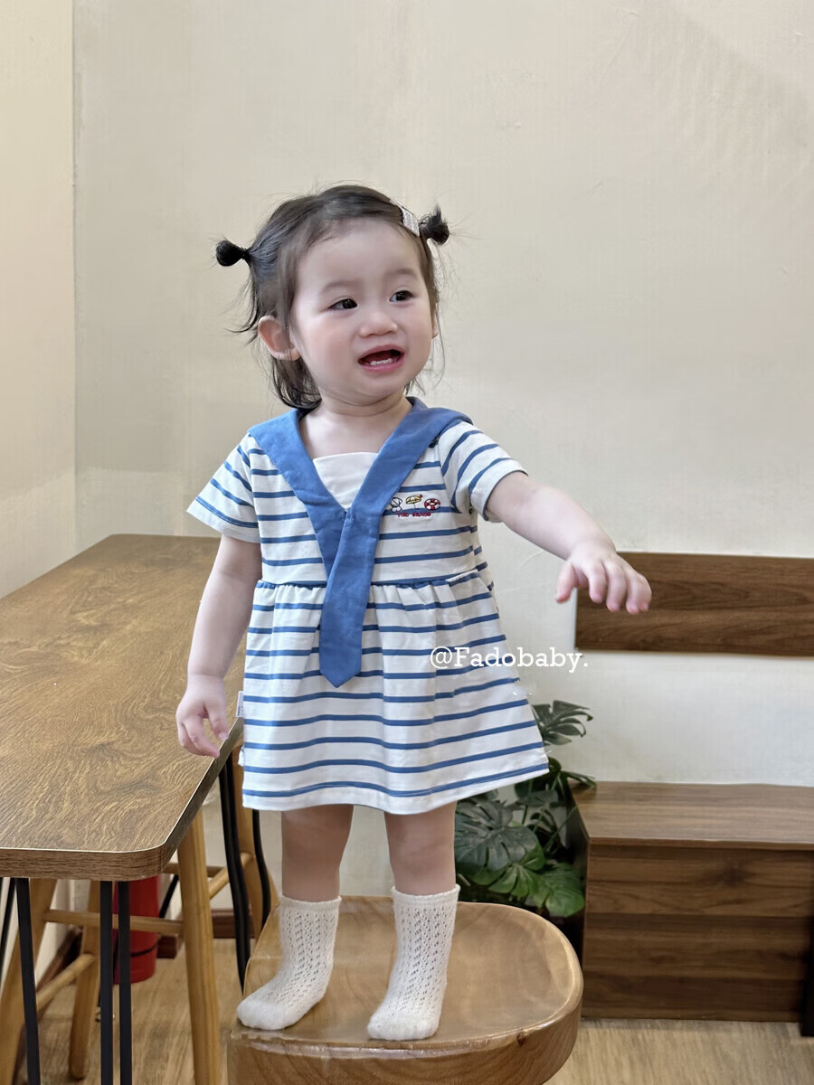 FADOBABY Girls' Navy Collar Striped Short Sleeve Summer Dress Newborn Toddler Cotton Princess Dress Summer 8